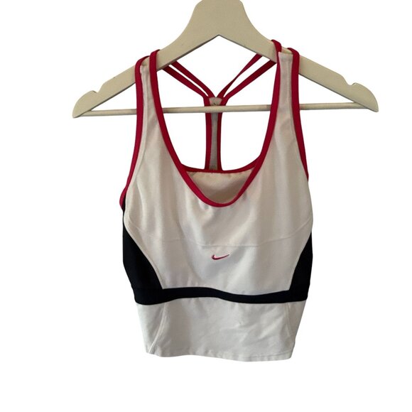 Nike Dri Fit Strappy Sports Bra Medium White Black Red Workout Tank Top - Picture 1 of 7